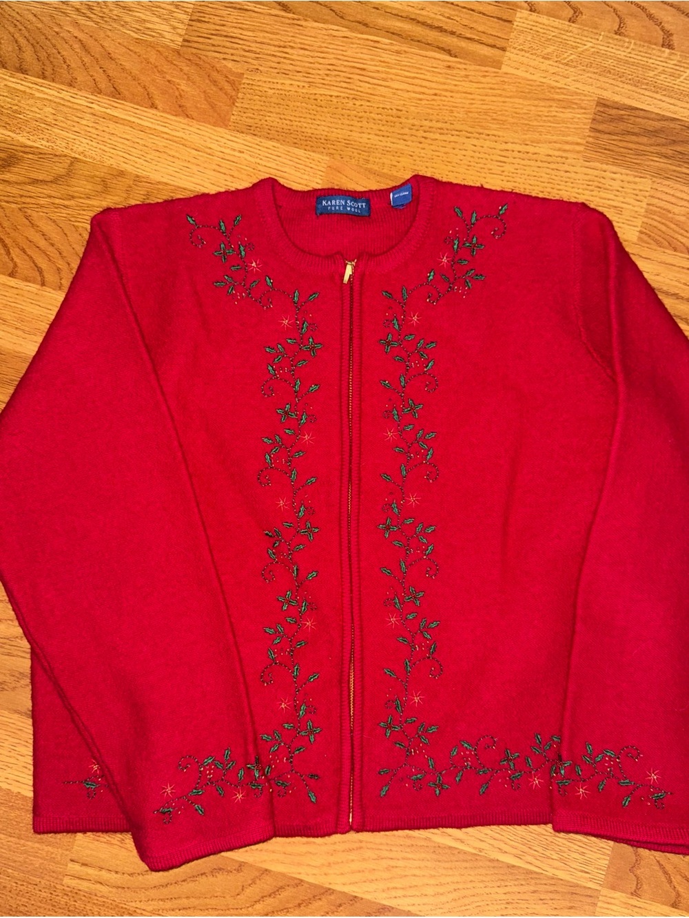Vintage Karen Scott Embroidered Holly Christmas Wool Cardigan Full Zip Sweater